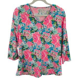Lulu-B Womens Golf Top Blue Pink Floral Hole In‎ One V-Neck 3/4 Sleeve Size M